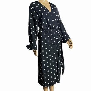 H&M Womens Wrap Dress Black White Polka Dot Midi Extra Long Sleeves Sz M